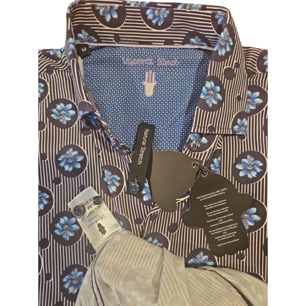 Visconti Floral Stripe Button Down Shirt Navy White Nwt Men's Sz M — image 8 of 8